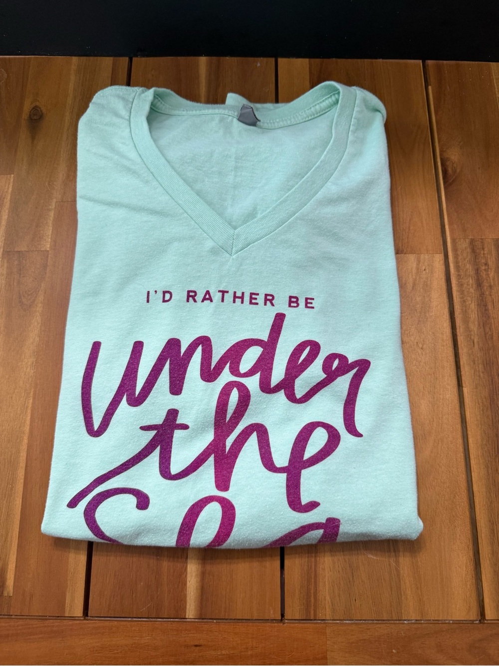 Disney Mint Green V-Neck Tee with Magenta Script